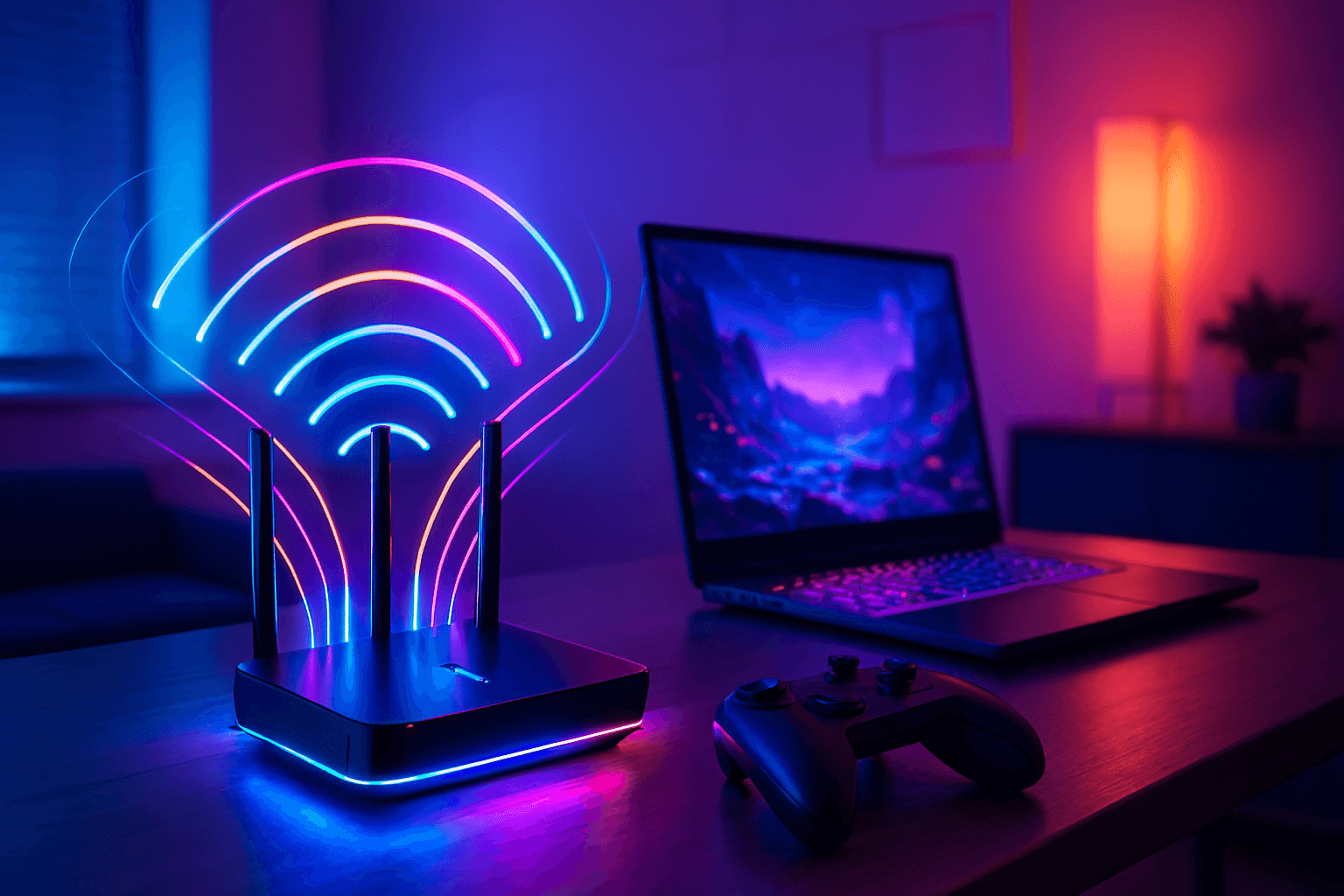 Modern gaming desk with a glowing Wi‑Fi router emitting colorful signal waves, RGB‑lit laptop, and wireless controller in a vibrant, neon‑lit room