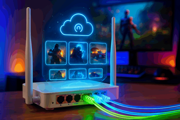 White dual‑antenna wireless router on wooden desk with glowing neon Ethernet cables and holographic cloud gaming interface, blurred dual‑monitor setup in background.