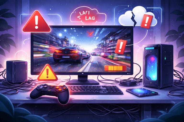 Cloud gaming setup showing lag, stutter, and frame drops caused by network and performance issues