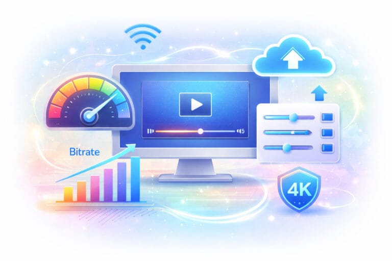 Light-themed illustration showing bandwidth, bitrate, and streaming settings optimization on a computer screen.