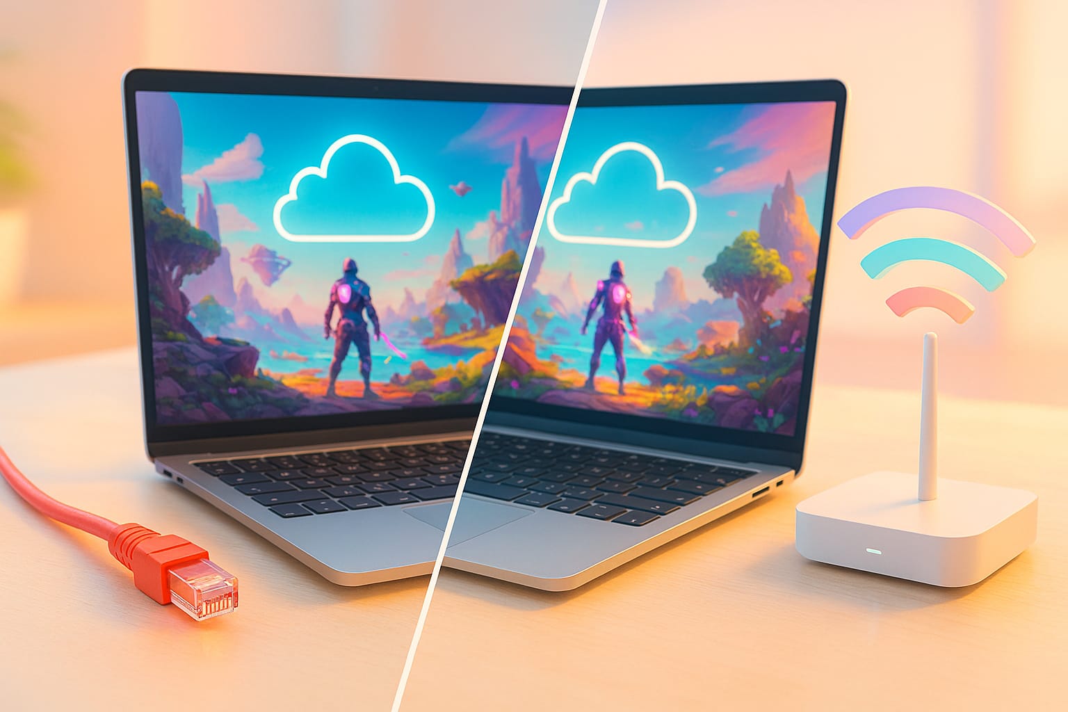 Split-screen image of a gaming laptop connected via red Ethernet cable on one side and wirelessly to a white router with pastel Wi-Fi signals on the other, both showing identical cloud gaming scenes.