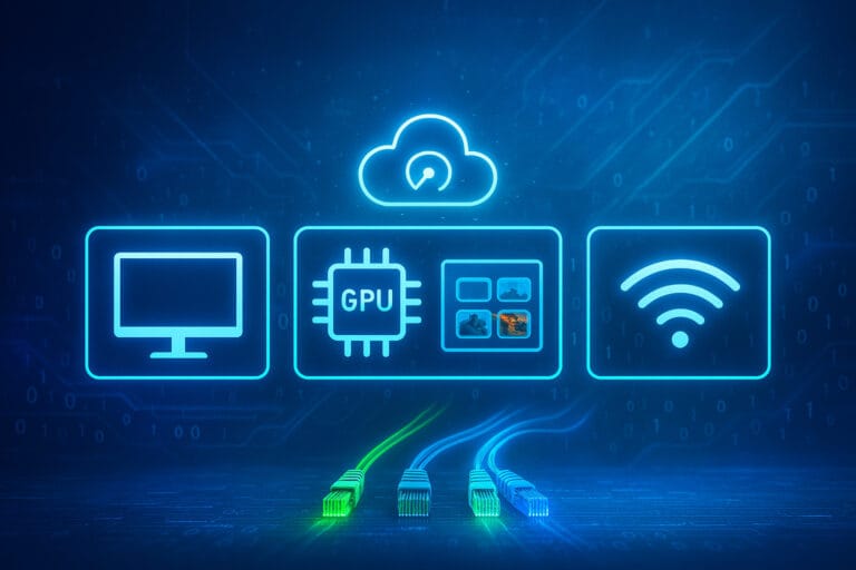 Futuristic digital graphic showing icons for monitor, GPU, speedometer, and Wi-Fi, representing minimum hardware and network requirements for cloud gaming. Set against a vibrant blue background with glowing circuit patterns and binary code.