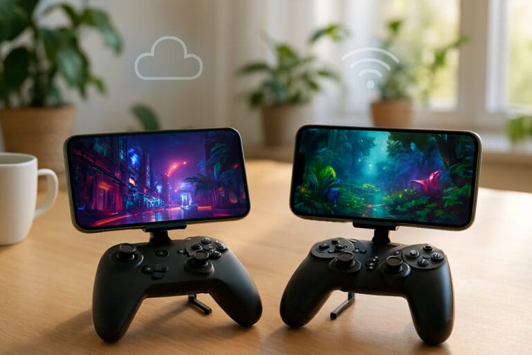 Two smartphones—Android and iPhone—streaming vivid cloud games side-by-side on a modern desk, with wireless controllers and soft-focus background elements.