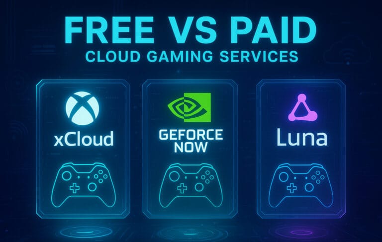 Infographic comparing free vs paid cloud gaming services — Xbox xCloud, GeForce Now, and Amazon Luna with futuristic neon design