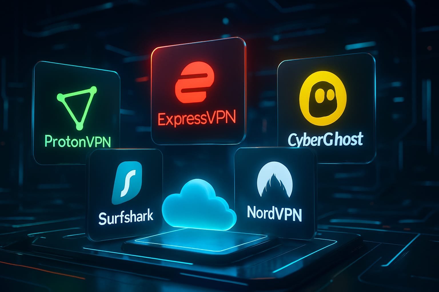 Futuristic neon-lit scene with multiple VPN brand logos displayed as holographic panels above a glowing blue cloud icon, representing top VPNs for cloud gaming.