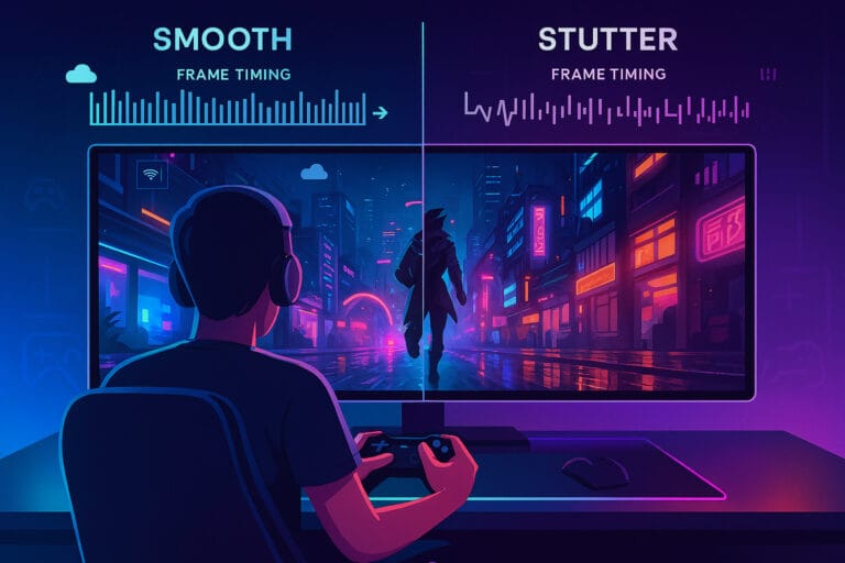 Over-the-shoulder view of a gamer at an RGB-lit desk playing a cloud-streamed sci-fi game on an ultrawide monitor, with the left side showing smooth motion and the right side showing stutter, overlaid with frame timing visuals.