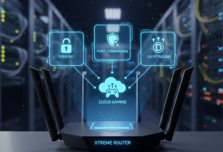 Advanced gaming router with glowing blue lights displaying a holographic interface showing icons for "Open NAT," "Port Forwarding," "DSCP Tagging," and "Cloud Gaming" on a data center background.