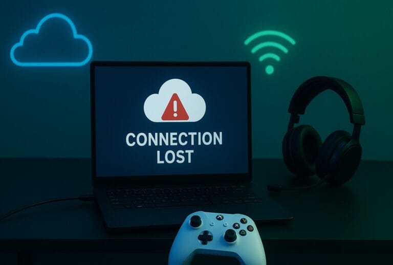Modern Xbox cloud gaming setup showing a connection error on laptop screen with Xbox controller and headset under neon green and blue lighting.