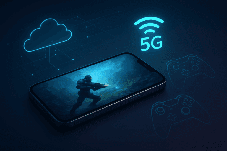 Illustration of an iPhone streaming a cloud game via GeForce NOW with 5G and controller icons