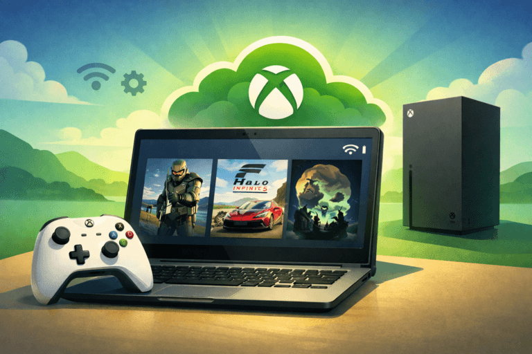 Xbox Cloud Gaming running on a Chromebook with a wireless controller and cloud gaming interface