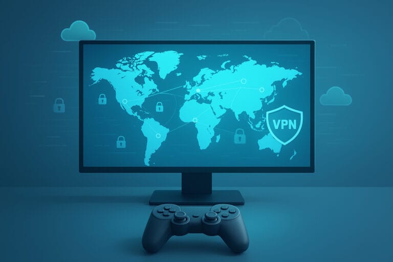 A modern gaming desk with a glowing monitor showing a world map connected by server nodes. Some regions are dimmed with lock icons to represent geo-blocking. Floating cloud icons, a VPN shield, and faint data flow lines circle the globe, while a wireless controller rests on the illuminated desk surface.