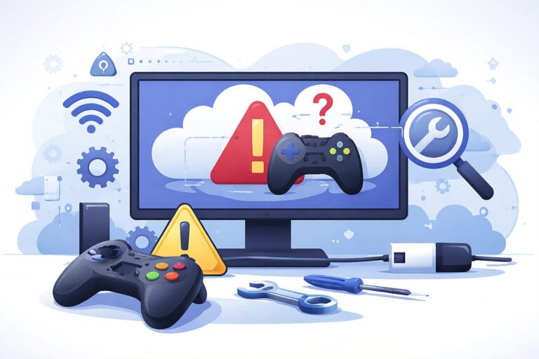 Minimal illustration of a game controller not detected on a cloud gaming setup with troubleshooting icons and devices
