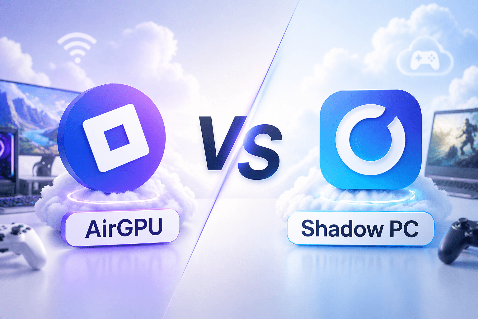 Shadow PC vs AirGPU cloud gaming comparison with logos on light cloud background