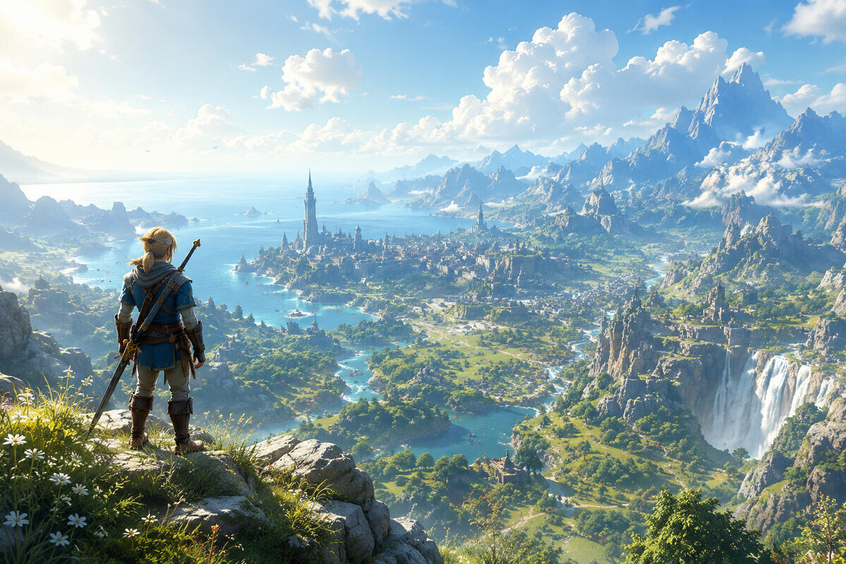A fantasy open world landscape with mountains, rivers, castles, and cloud gaming technology connecting gameplay across multiple devices.
