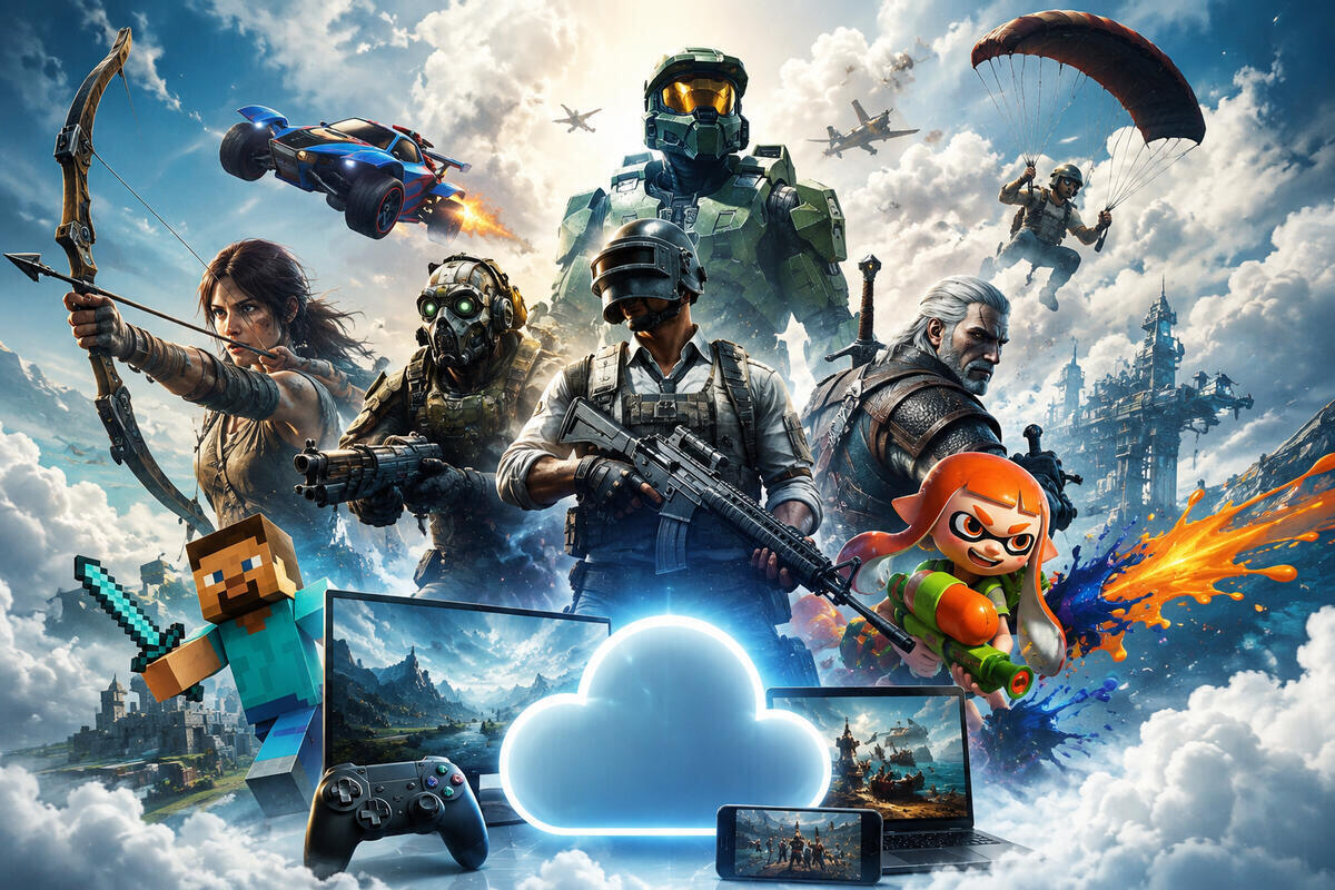 Futuristic cloud gaming ecosystem showcasing multiplayer games across PC, mobile, and console devices.