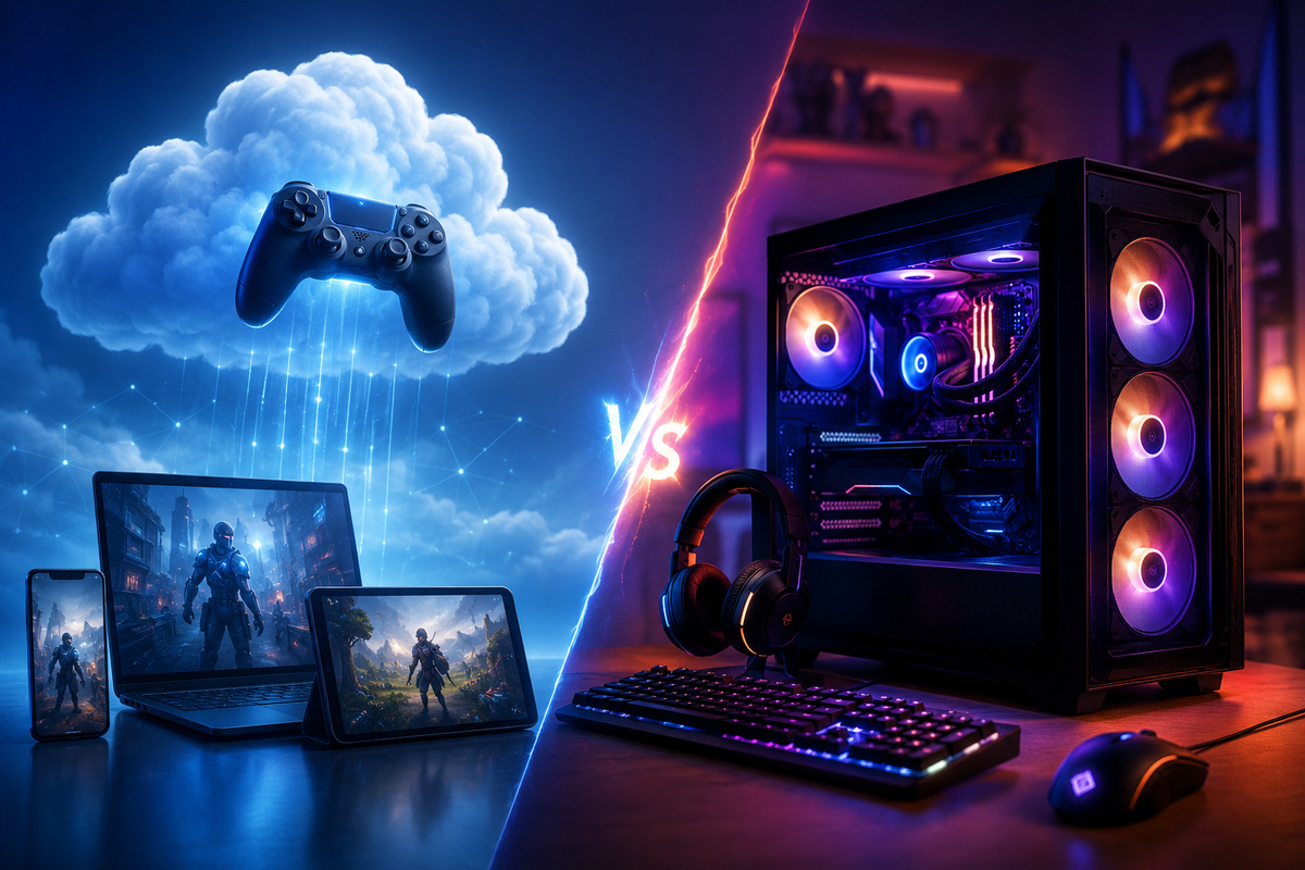 Cloud gaming compared with a high-end gaming PC, showing multiple devices streaming games versus a desktop gaming setup to illustrate the cost difference between cloud gaming and buying a gaming PC.