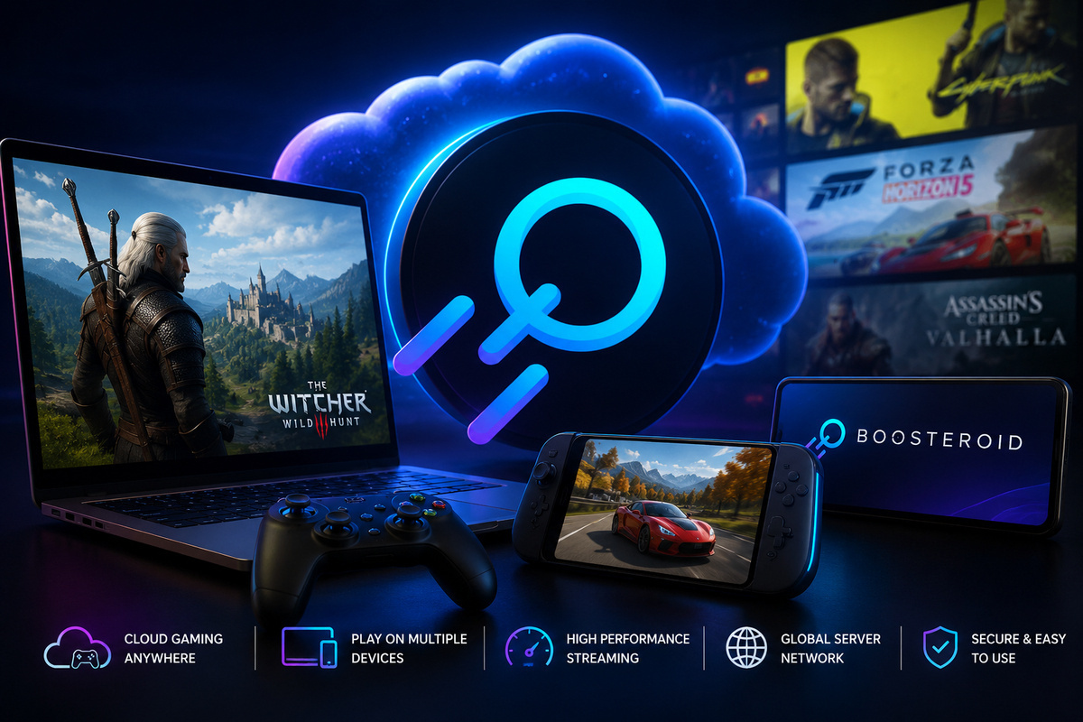 Boosteroid cloud gaming review showing game streaming across laptop, mobile, and handheld devices with cloud gaming technology